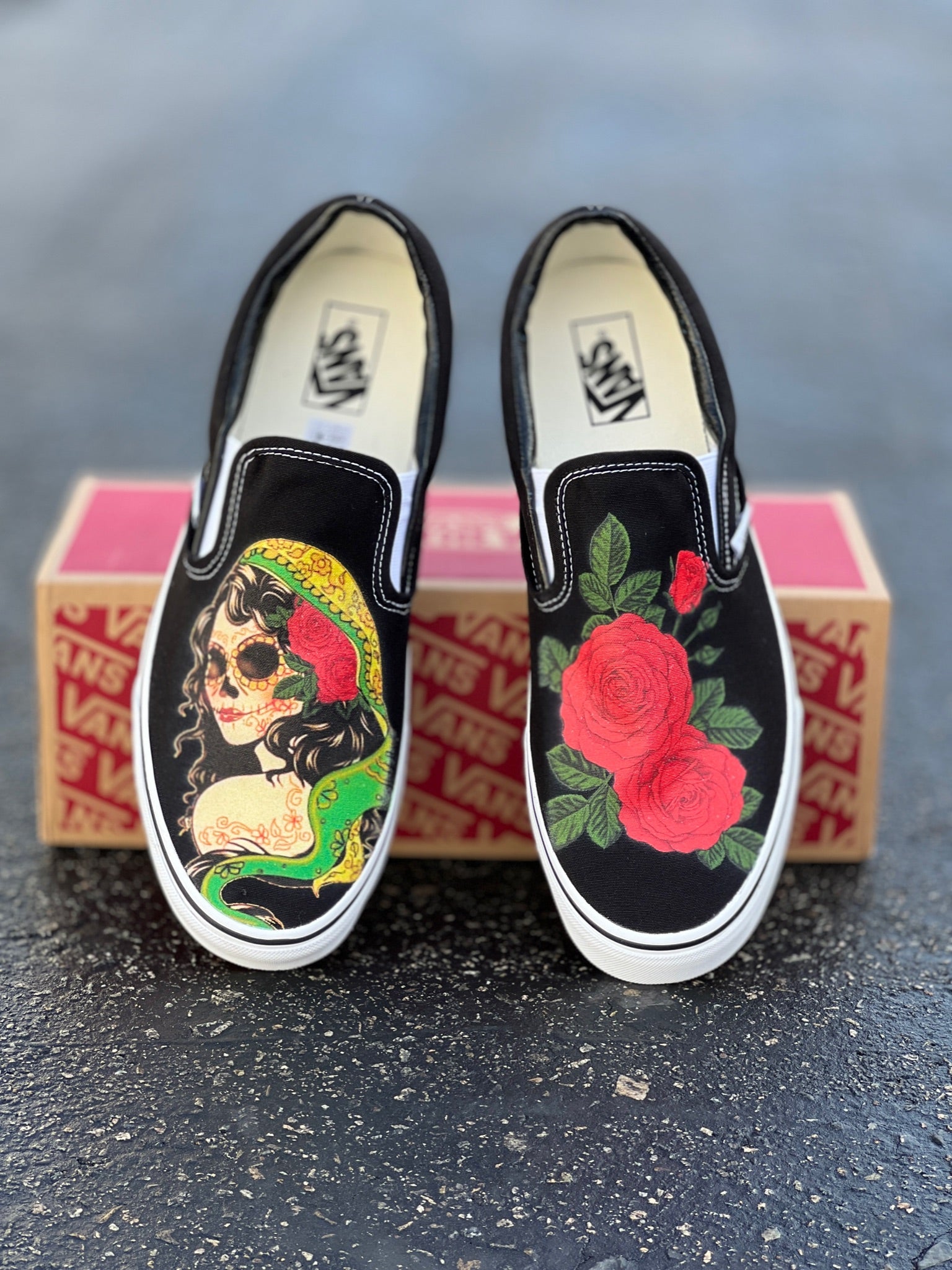 Black slip on 2025 vans with roses