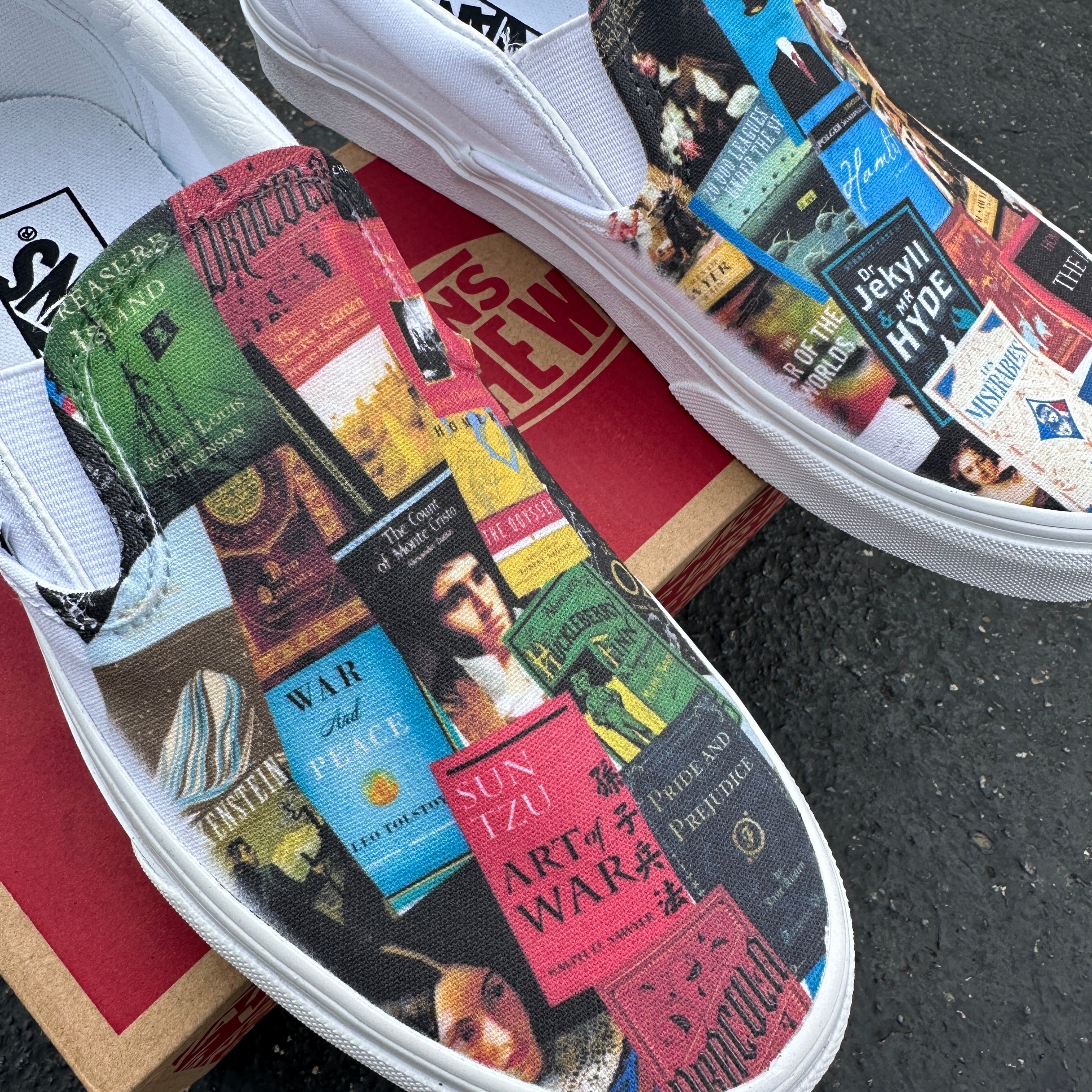 Classic Book Lovers White Slip On Vans Shoes Custom Sneakers Custom Vans Shoes