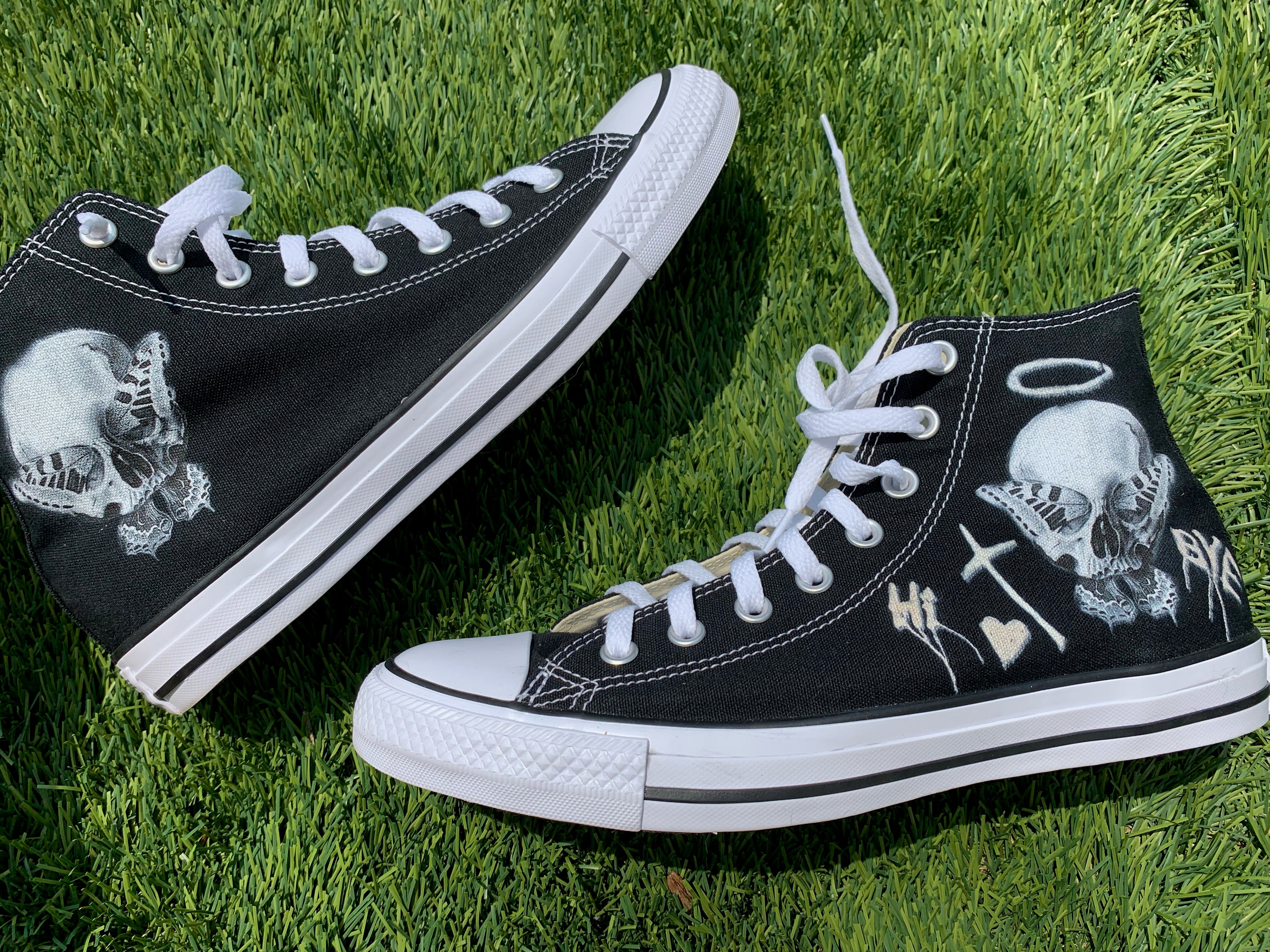 Consequential Clothing x Butterfly Effect Skull Black High Tops Custom Converse Shoes