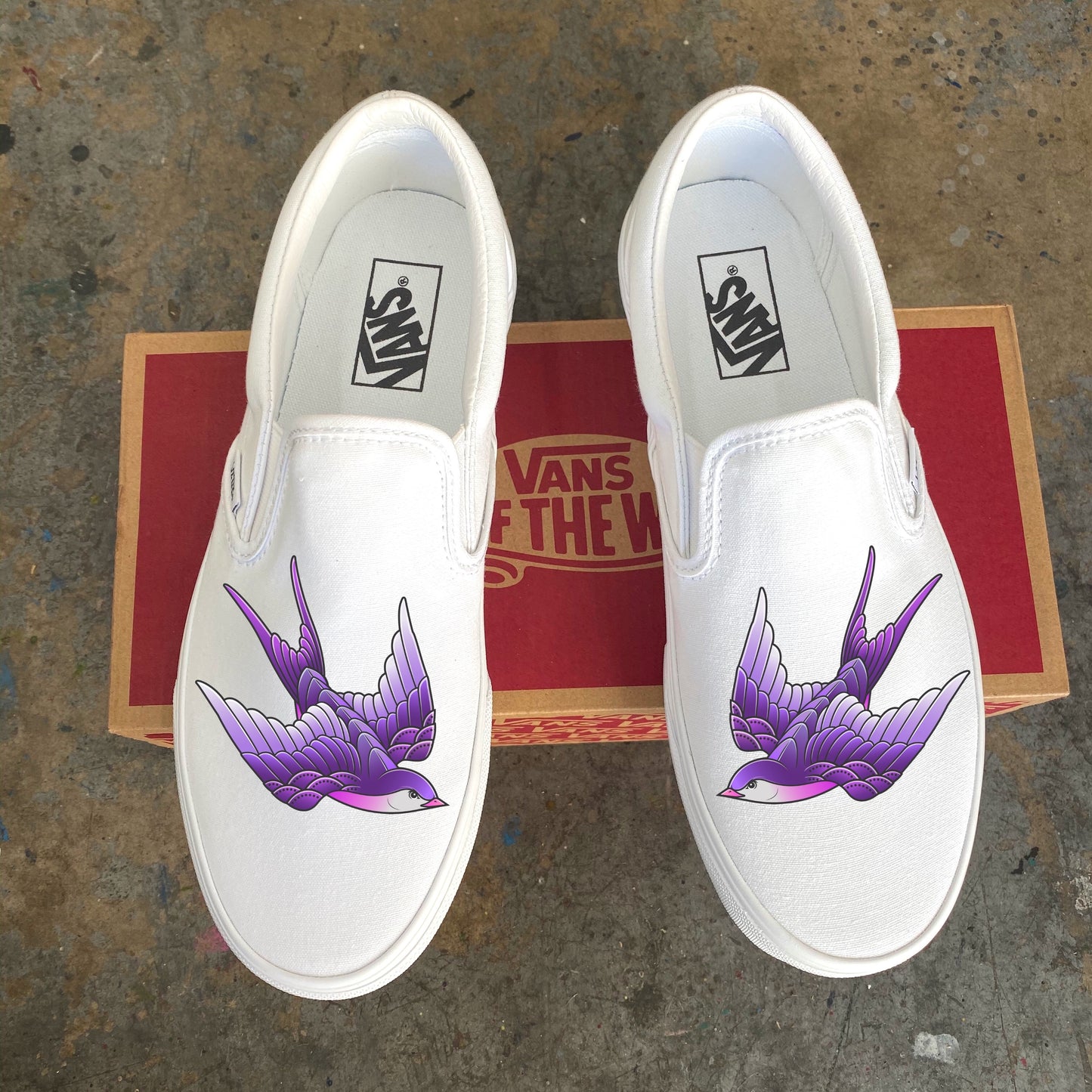 Purple Sparrow - White Slip Ons Wish