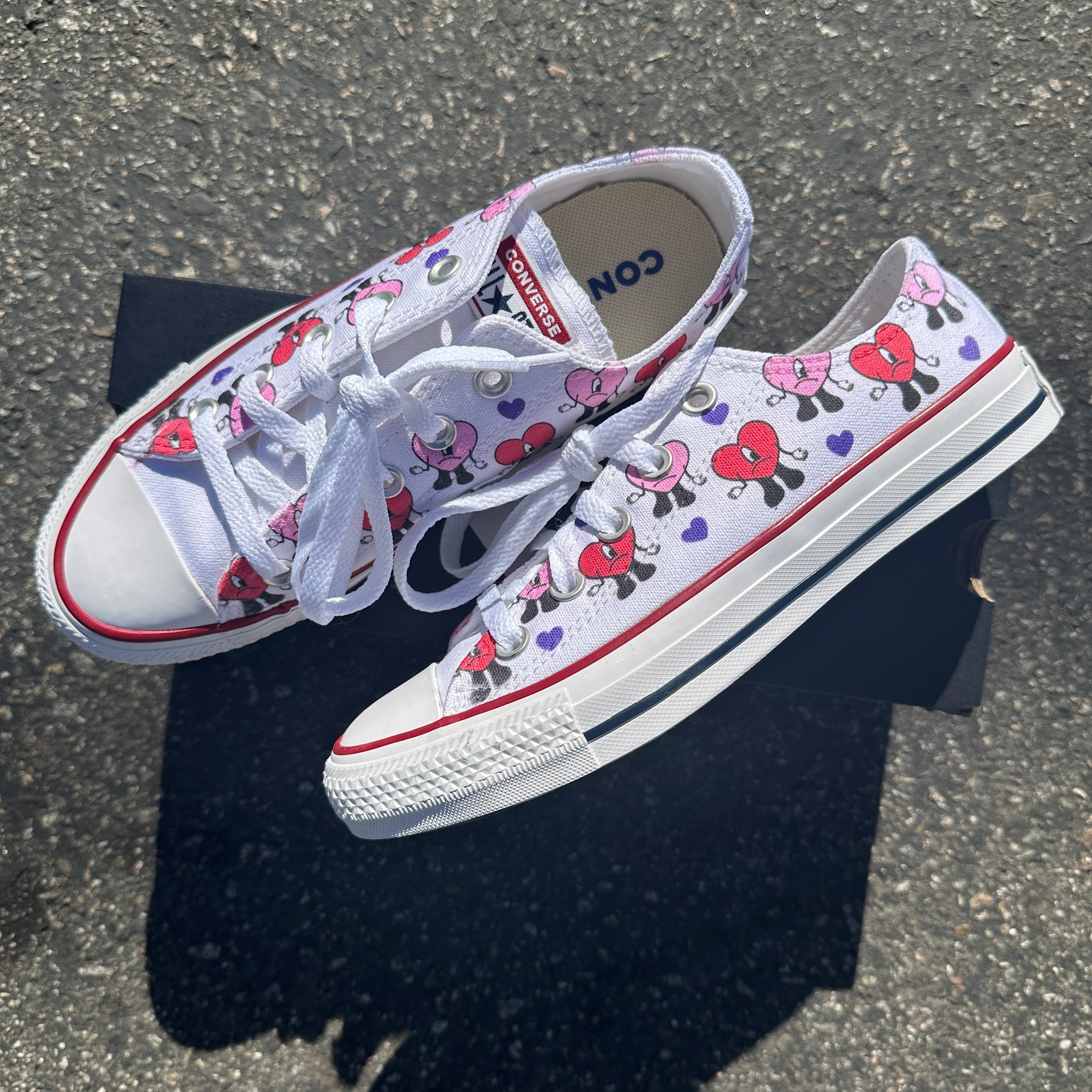 Bad Bunny Valentines Day Heart Band Custom Low Top Converse White LIMITED TIME ONLY Custom Converse Shoes