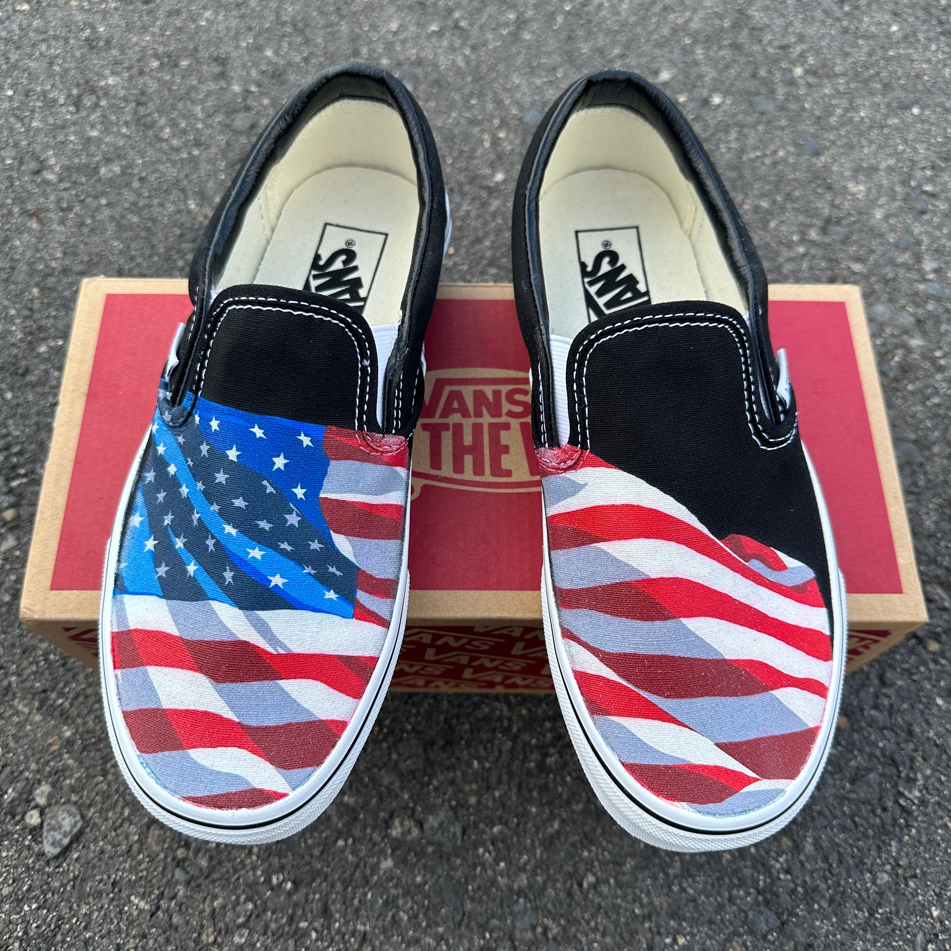 Slip On Vans - Black - American Flag Made in USA - Custom Vans