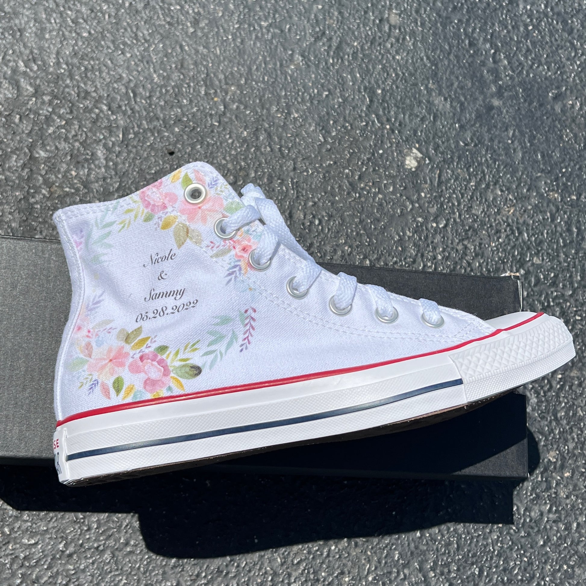 Blue Lace Pattern White High Tops - Casual Comfortable Wedding Shoes -  Custom Converse Shoes