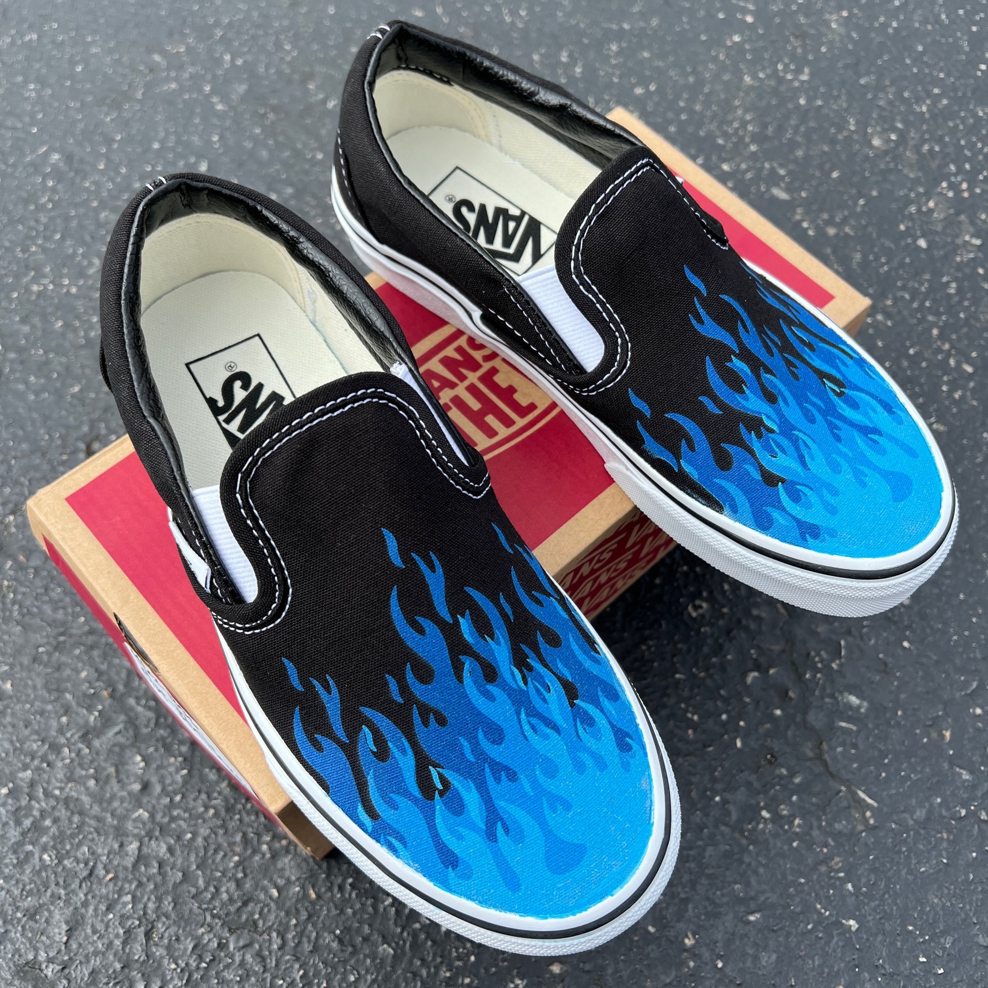 mount Busk Acquiesce Hot Blue Flame Shoes - Custom Vans Black Slip On Shoes – BlvdCustom