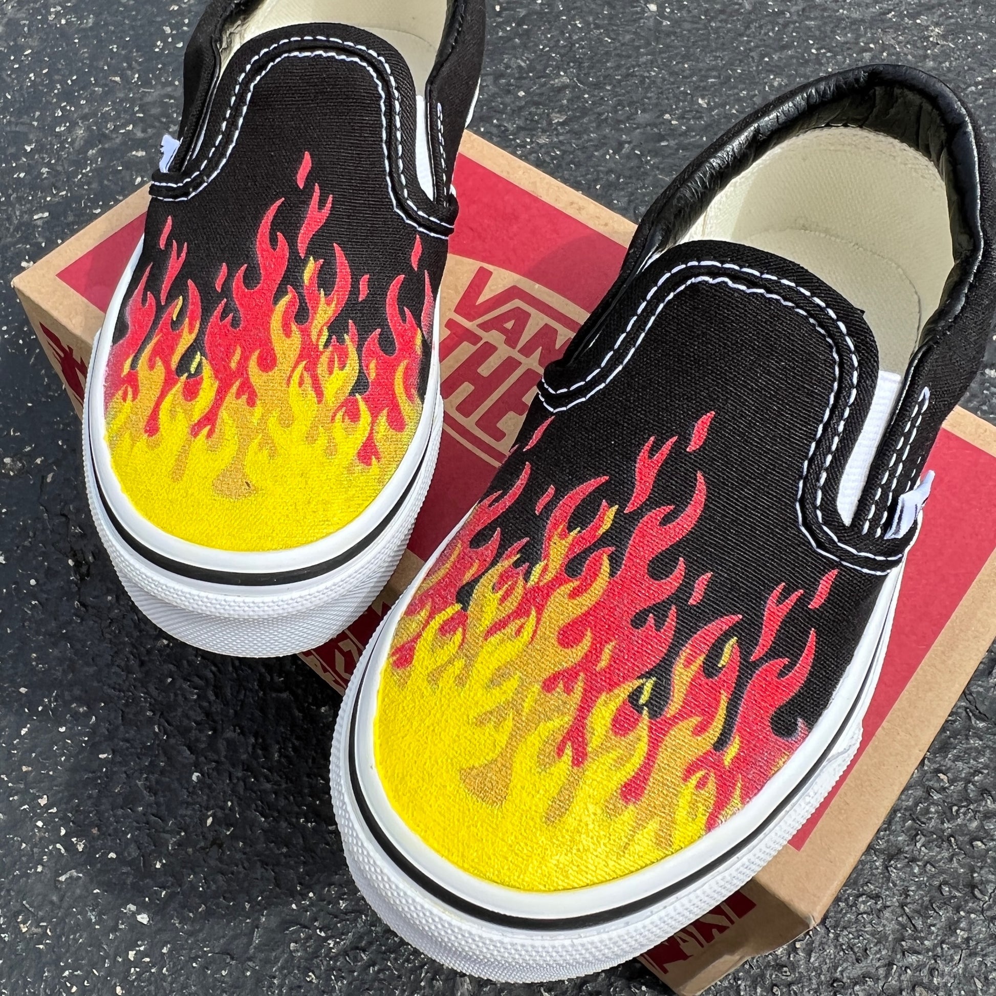 Aan boord Ja Pompeii Hot Flame Shoes - Custom Vans Black Slip On Shoes – BlvdCustom