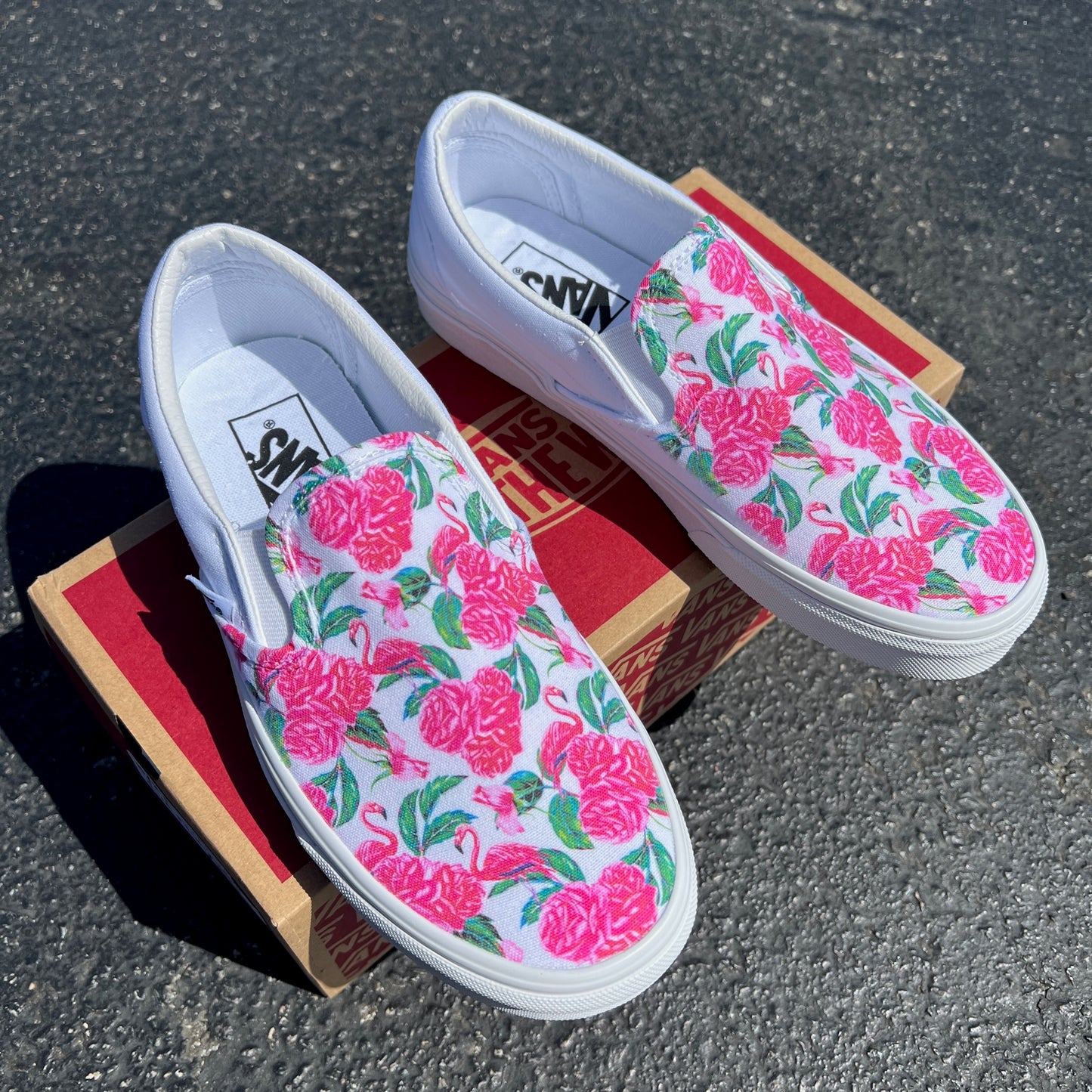 Hot Pink Flamingos and Roses - Custom Vans White Slip – BlvdCustom