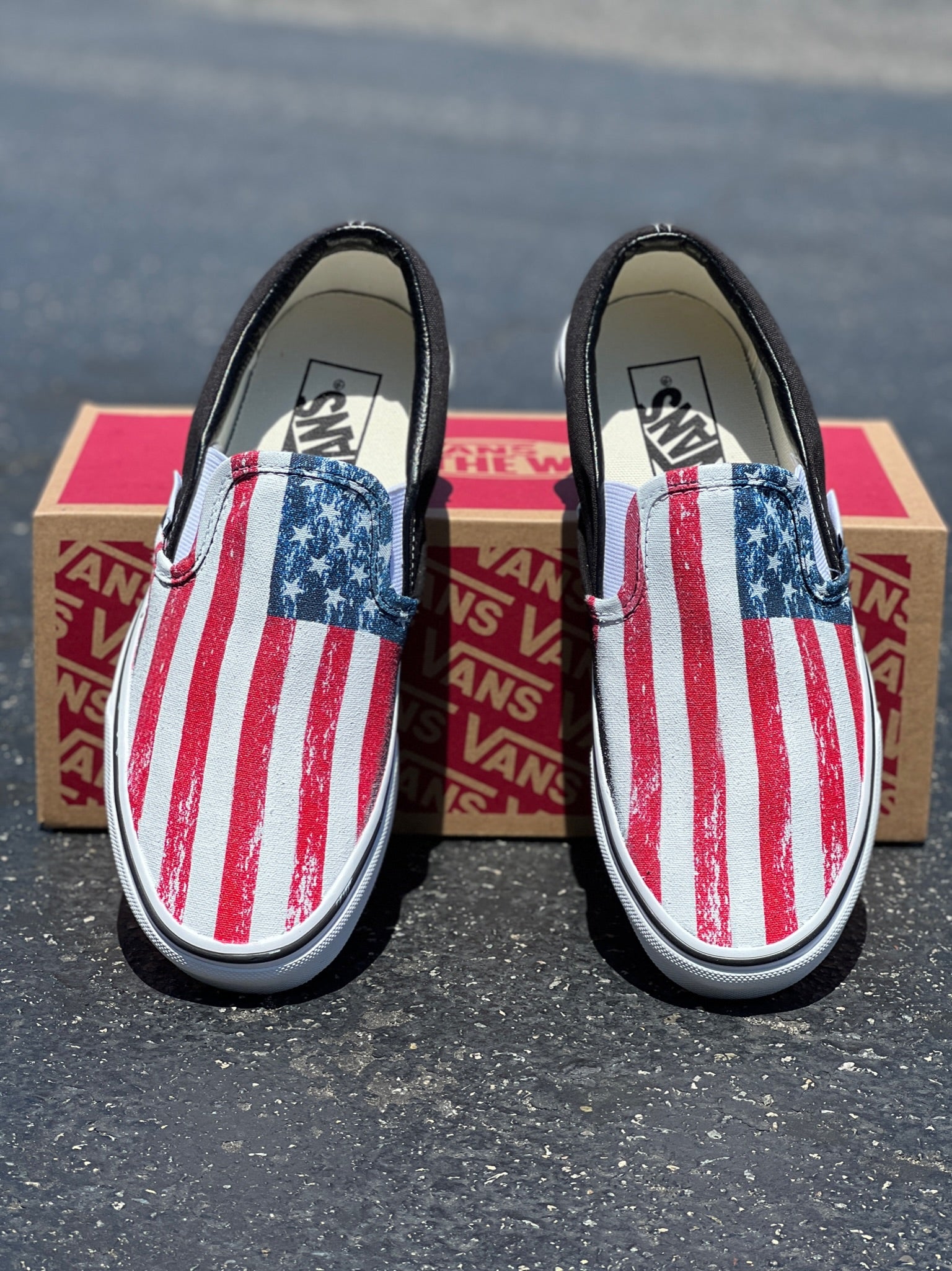 Red white and sale blue vans slip ons