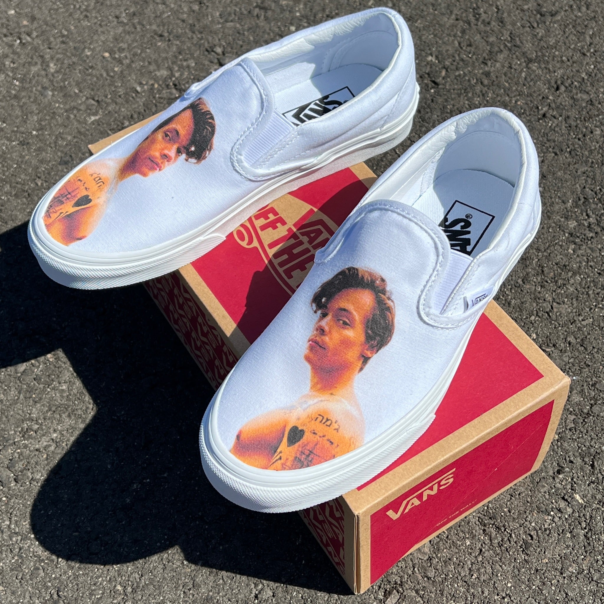 Harry Styles Custom Sneakers White Slip On Vans BlvdCustom