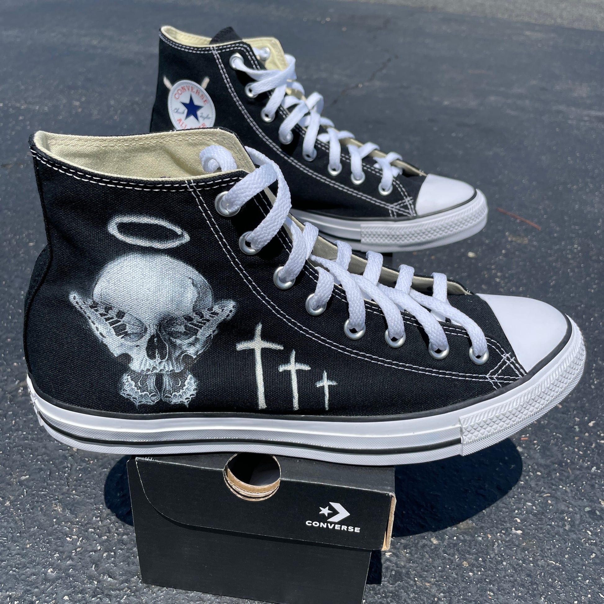 Consequential Clothing x Butterfly Effect Skull - Black High Tops - Custom  Converse Shoes