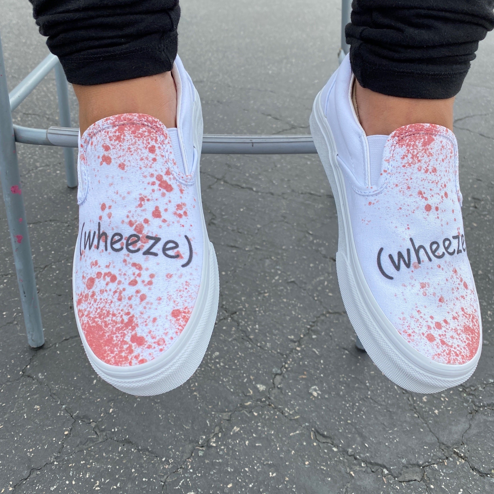 UNSOLVED Blood Splatter wheeze on All White Slip On VANS BlvdCustom