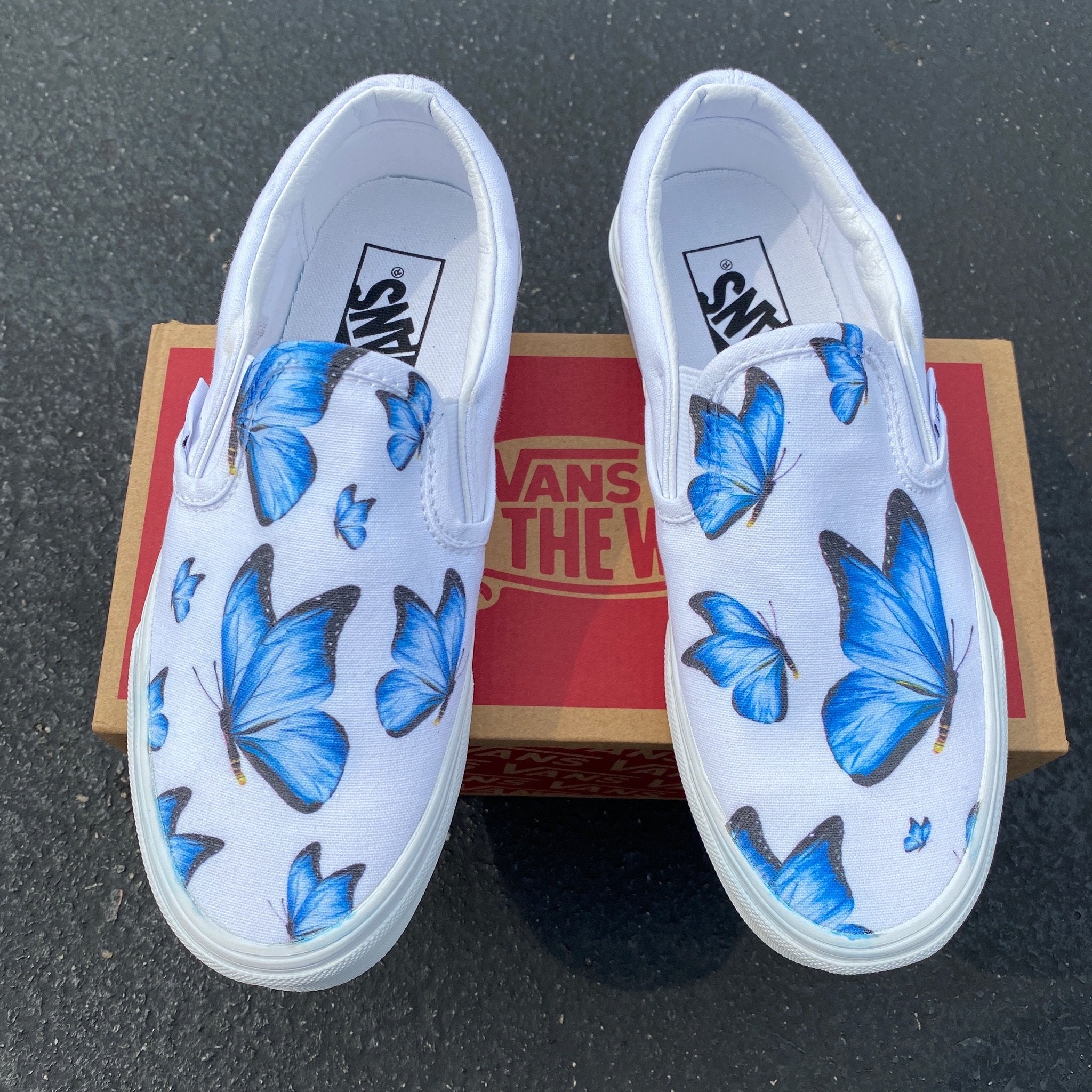 White shoes with sale blue butterflies