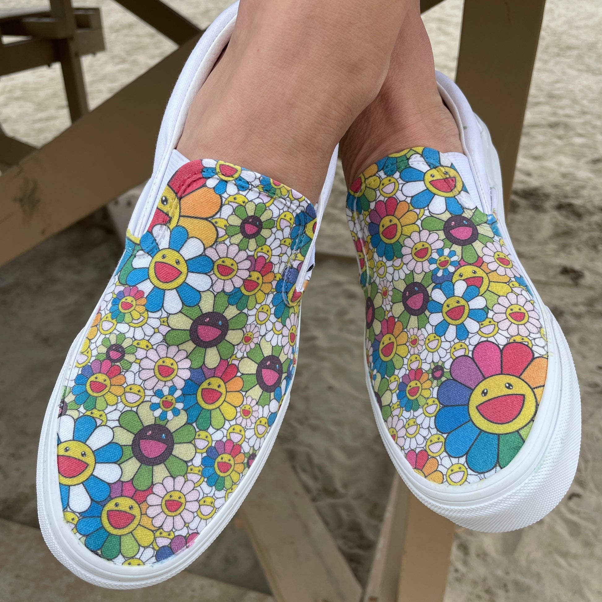 Takashi Murakami Rainbow Flower Sneakers - Custom Slip Ons – BlvdCustom